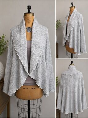 Van Klee Boucle Knit Waterfall Cardigan Gray Open Front Cozy Sweater Wrap